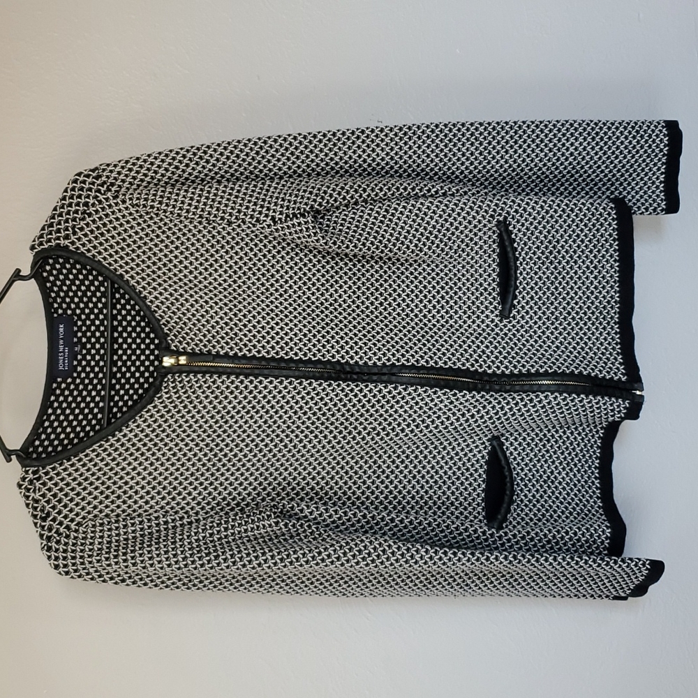 Black and white knit zip up cardigan